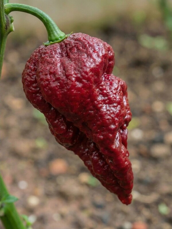 Semena  chilli, Pepper XXX, zralá tmavá paprička visí za stopku z rostliny, luskovitý tvar