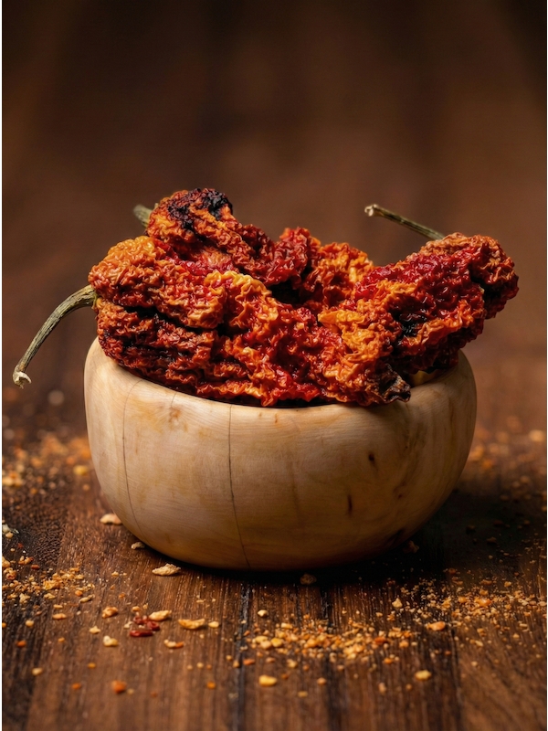 Sušené papričky 7 Pot Chernobyl Disaster, detail na tři sušené papričky v slonovinové misce